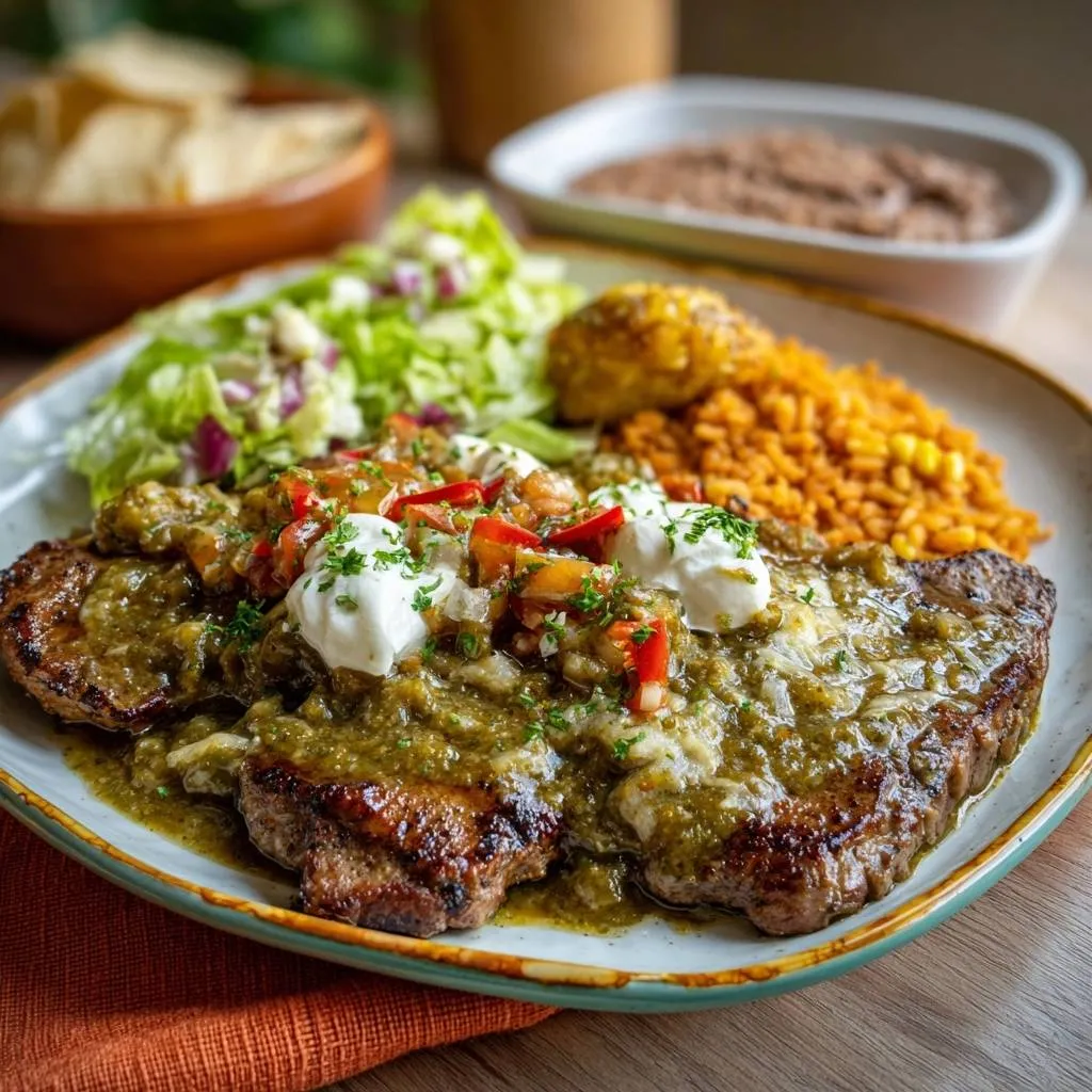 Salsa Verde Beef Patties plated with rice, salad, and beans, showcasing a close-up of the juicy, saucy topping.
