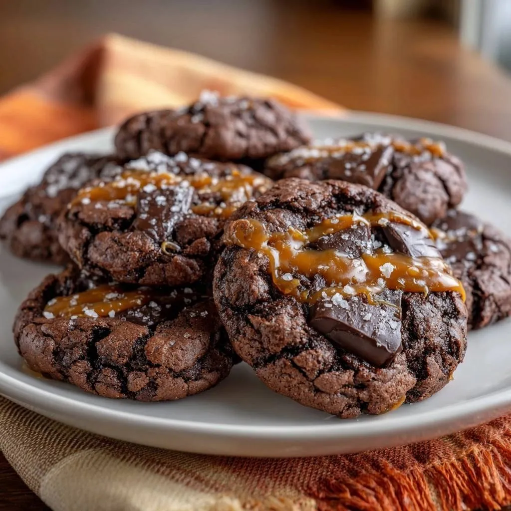 Salted caramel chocolate cookies with a close-up view of the gooey caramel and chocolate chip topping.