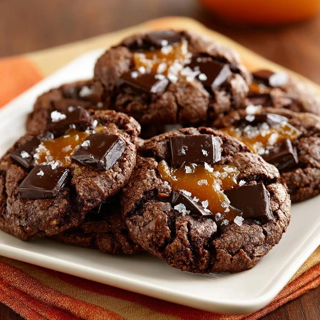 Salted caramel chocolate cookies showing dark chocolate chunks and a sprinkle of sea salt on top.