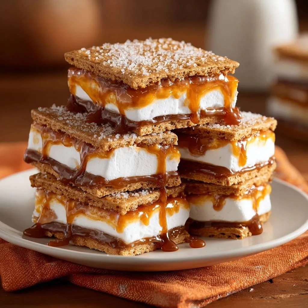 Salted caramel s'mores stacks stacked high on a white plate, drizzled with gooey caramel sauce.