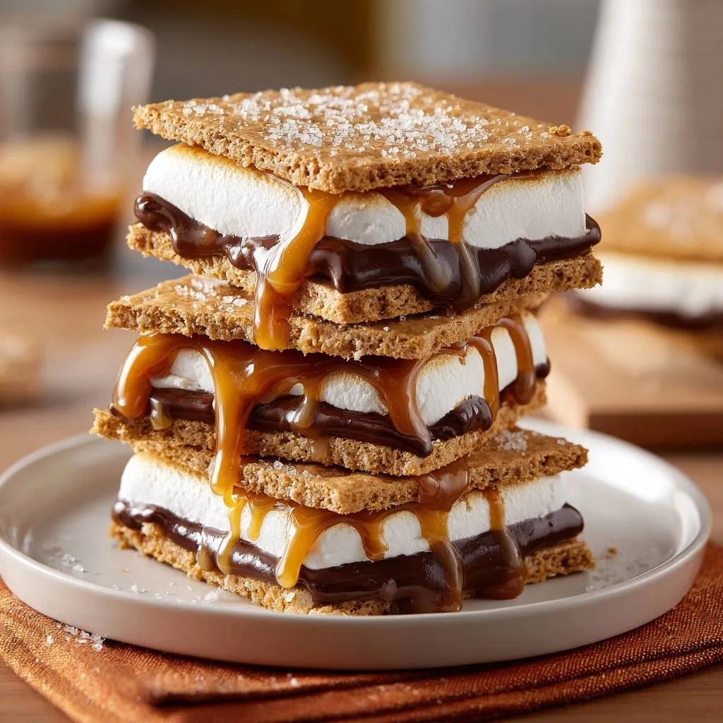 Salted caramel s’mores stacks recipe showing a close-up view of the stacked dessert with drippy caramel.