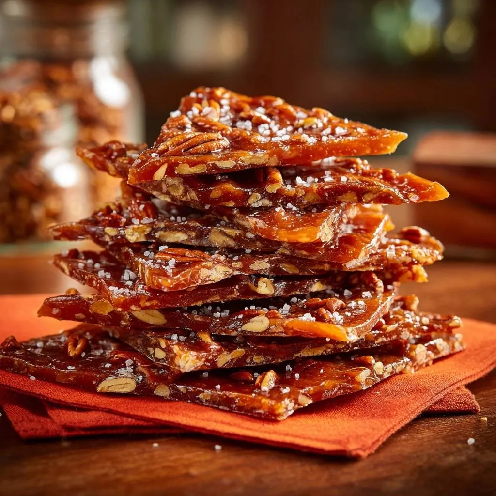 Salted pecan pralines stacked high on an orange napkin, showcasing their shiny caramel and nut texture.