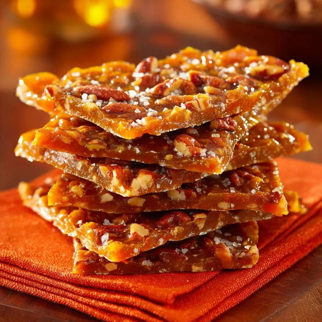 Salted pecan pralines stacked high on an orange napkin, showcasing their glossy texture and candied nuts.
