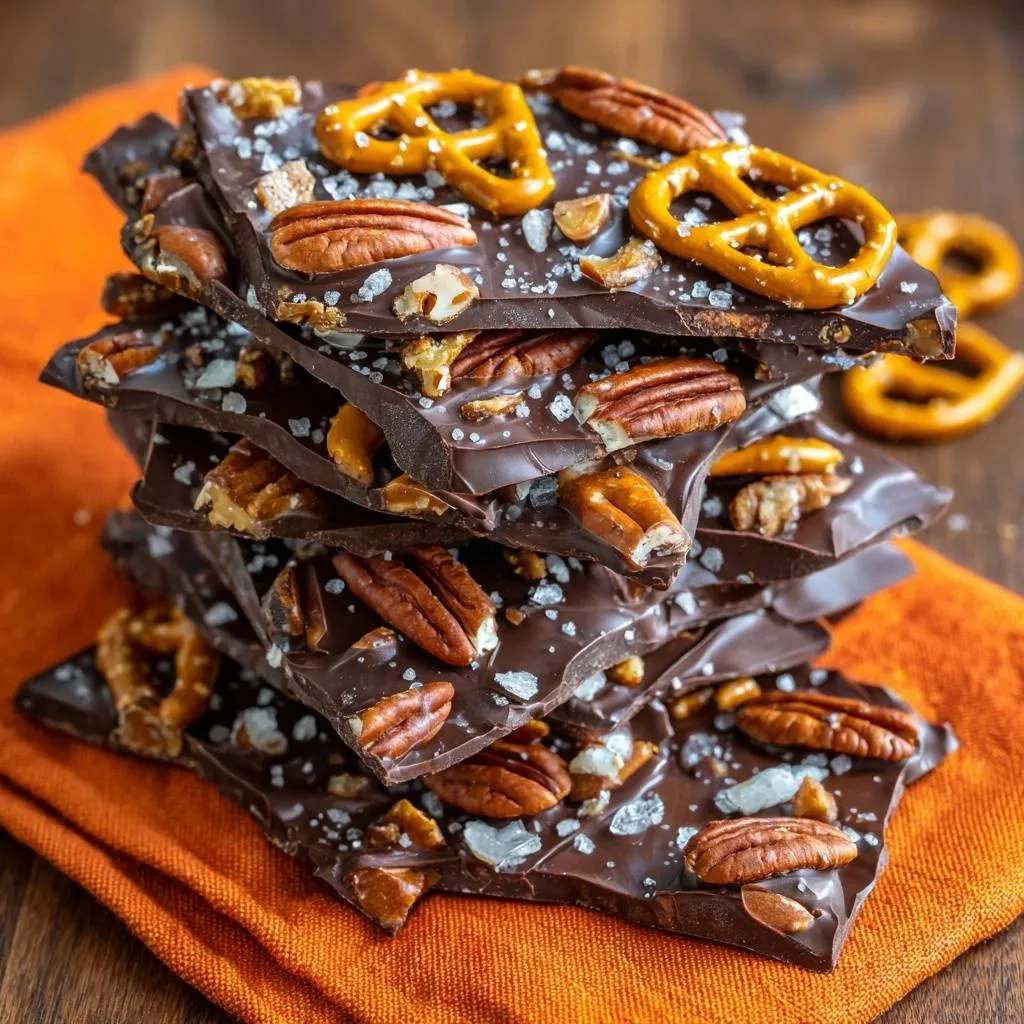 Salty pretzel pecan chocolate bark recipe shown in a close-up stack with visible pecans and pretzels.