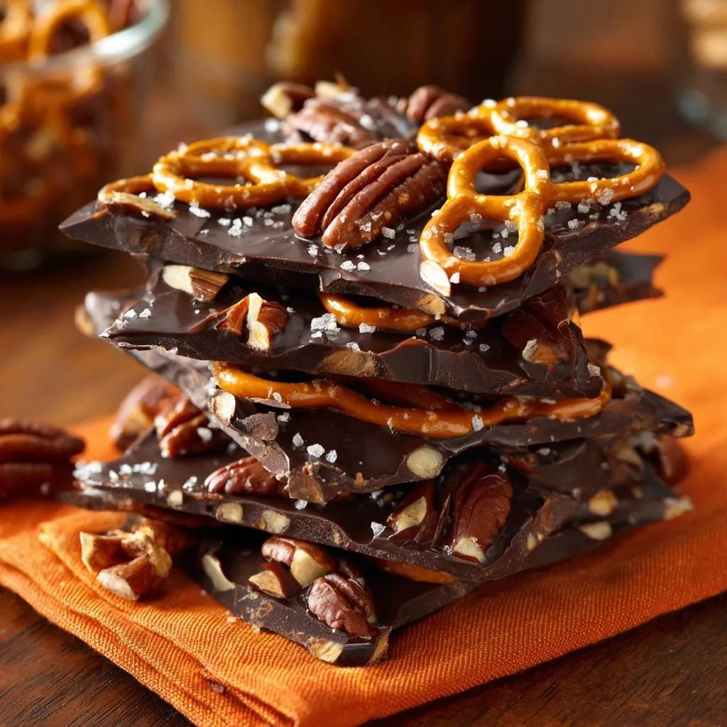 Salty pretzel pecan chocolate bark recipe, stacked high and showcasing layers of chocolate, nuts, and pretzels with coarse salt.