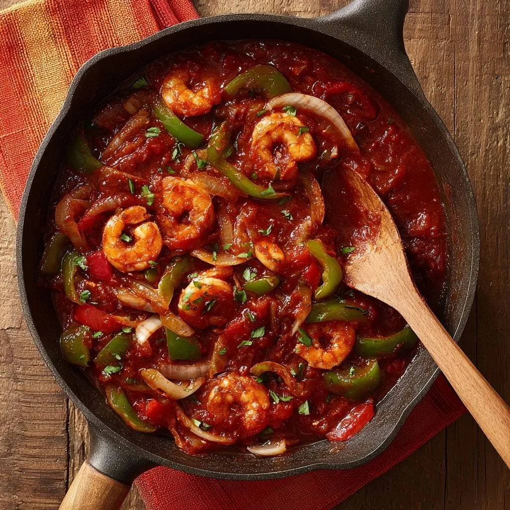 Saucy skillet shrimp and peppers shown in a cast iron pan from an overhead view with fresh parsley garnish.