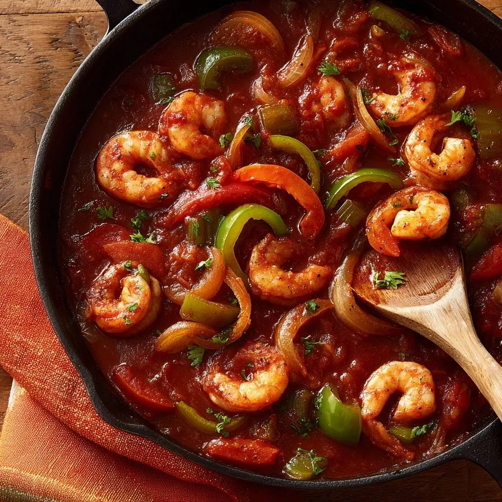 Saucy skillet shrimp and peppers shown in a cast iron pan with a wooden spoon, viewed from above.