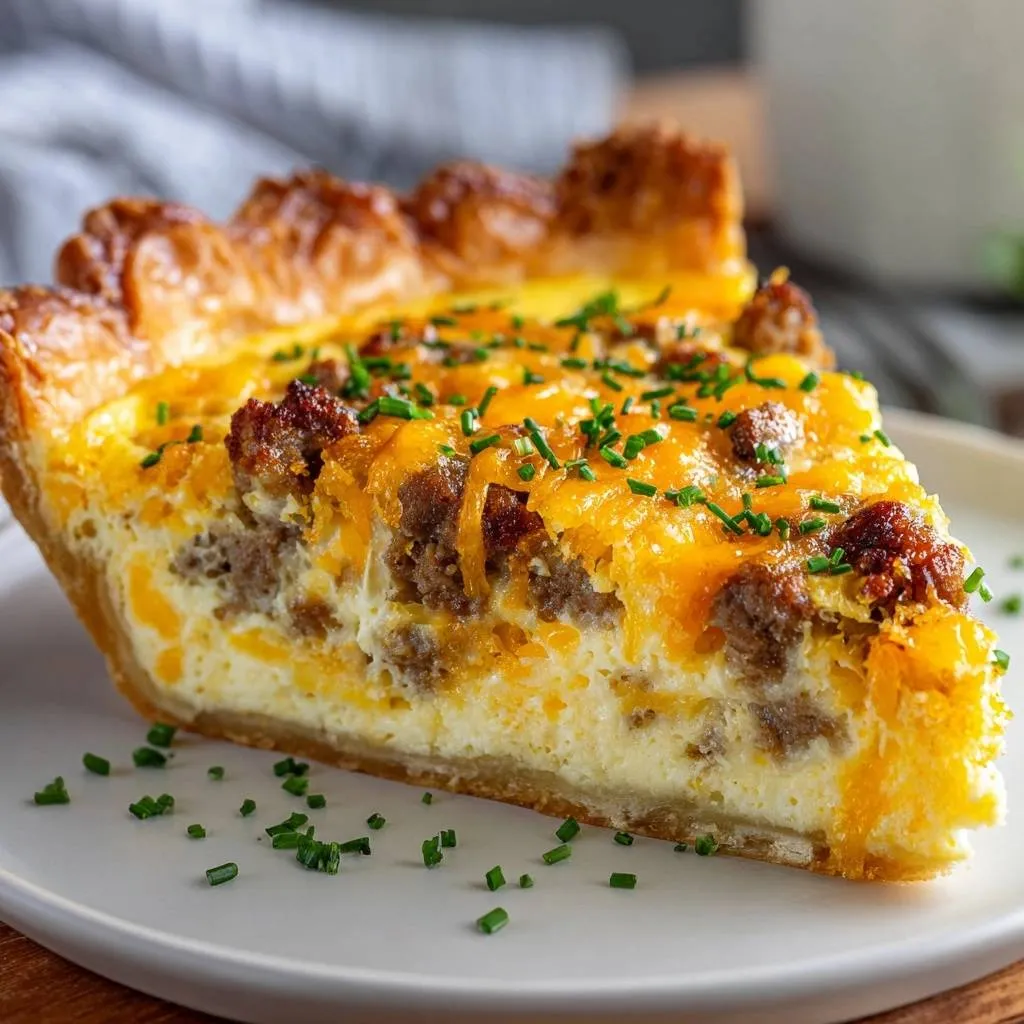 Sausage cheddar quiche with flaky crust shown as a close-up slice on a white plate, garnished with chives.