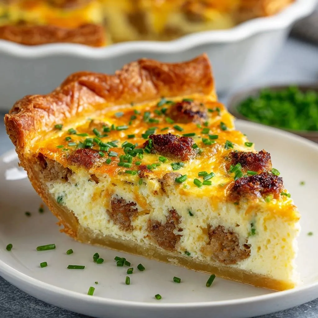 Sausage cheddar quiche with flaky crust, shown as a plated slice revealing its interior cross-section.