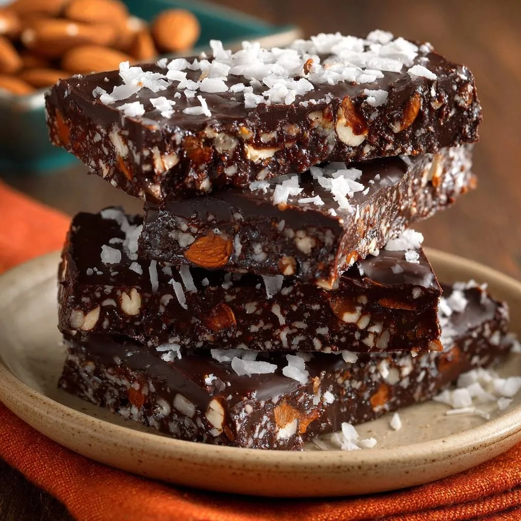 Sea salt almond dark chocolate bark shown in a close-up stack, revealing the rich texture of almonds and coconut.