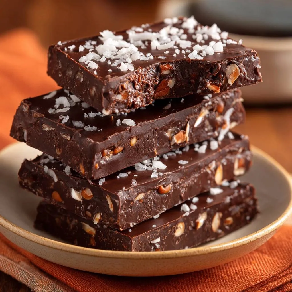 Sea salt almond dark chocolate bark shown as a stack of four rich bars with visible almonds and flaky sea salt topping.