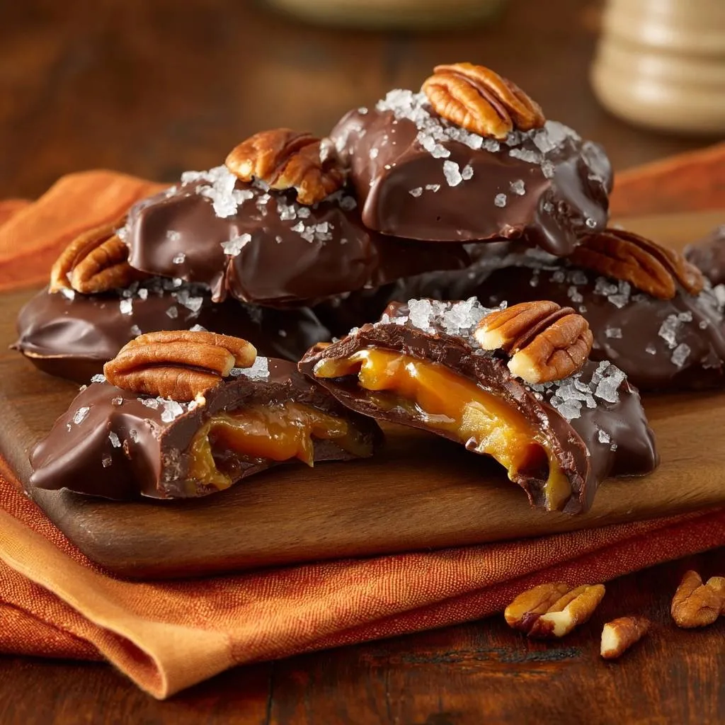 Sea Salt Caramel Pecan Chocolate Clusters shown in a close-up cross-section revealing the gooey caramel interior.