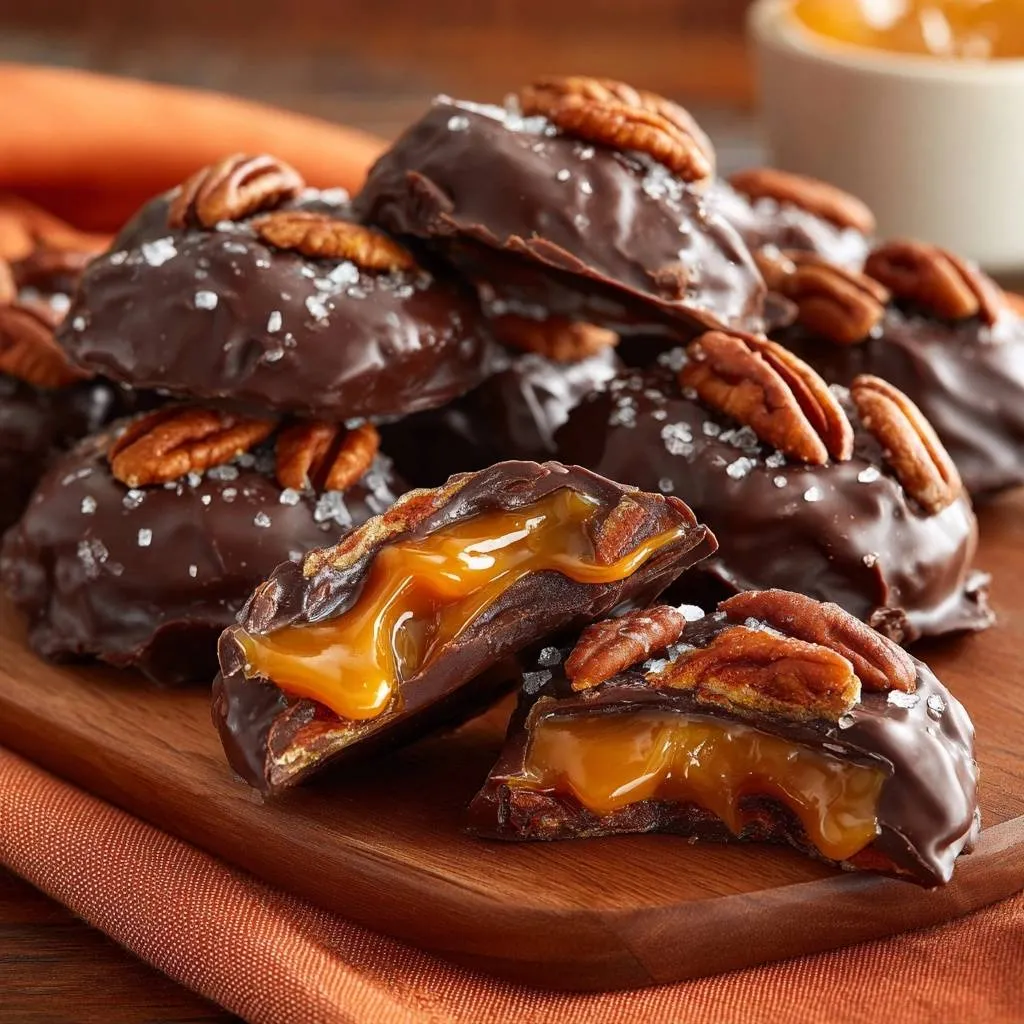 Sea Salt Caramel Pecan Chocolate Clusters shown in a close-up cross-section revealing gooey caramel and crunchy pecans.