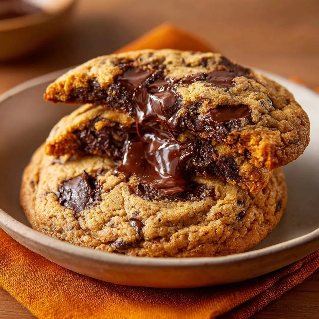 Sea salt chocolate chunk cookies showing a gooey, melted chocolate cross-section when stacked.