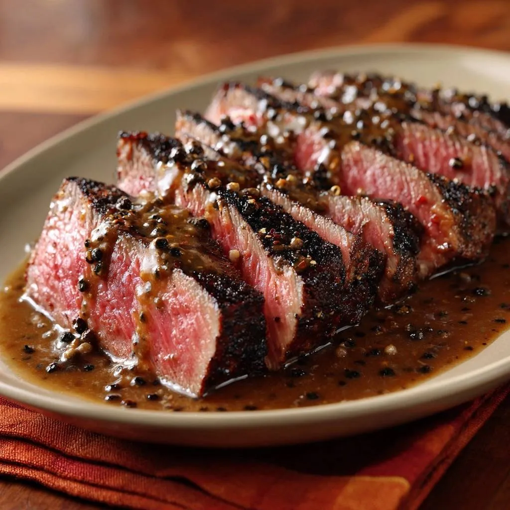 Seared pepper steak sliced to reveal a juicy cross-section, coated in a peppery sauce.