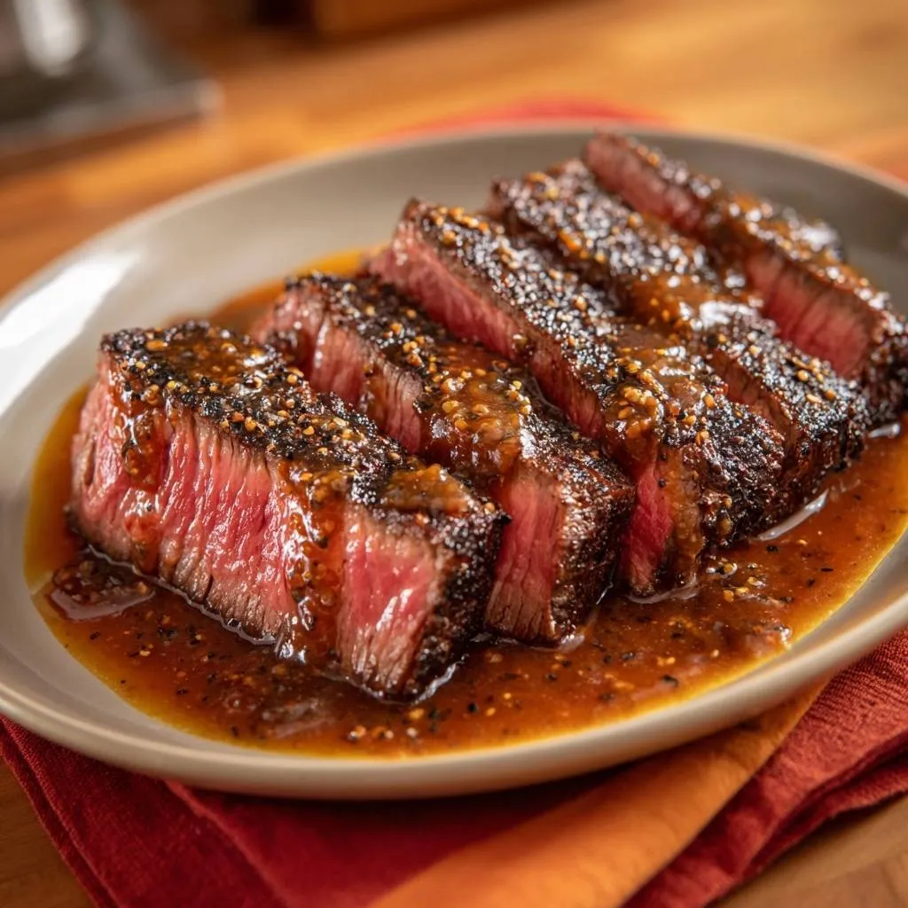Seared pepper steak sliced to reveal a juicy, medium-rare interior, bathed in its rich sauce.