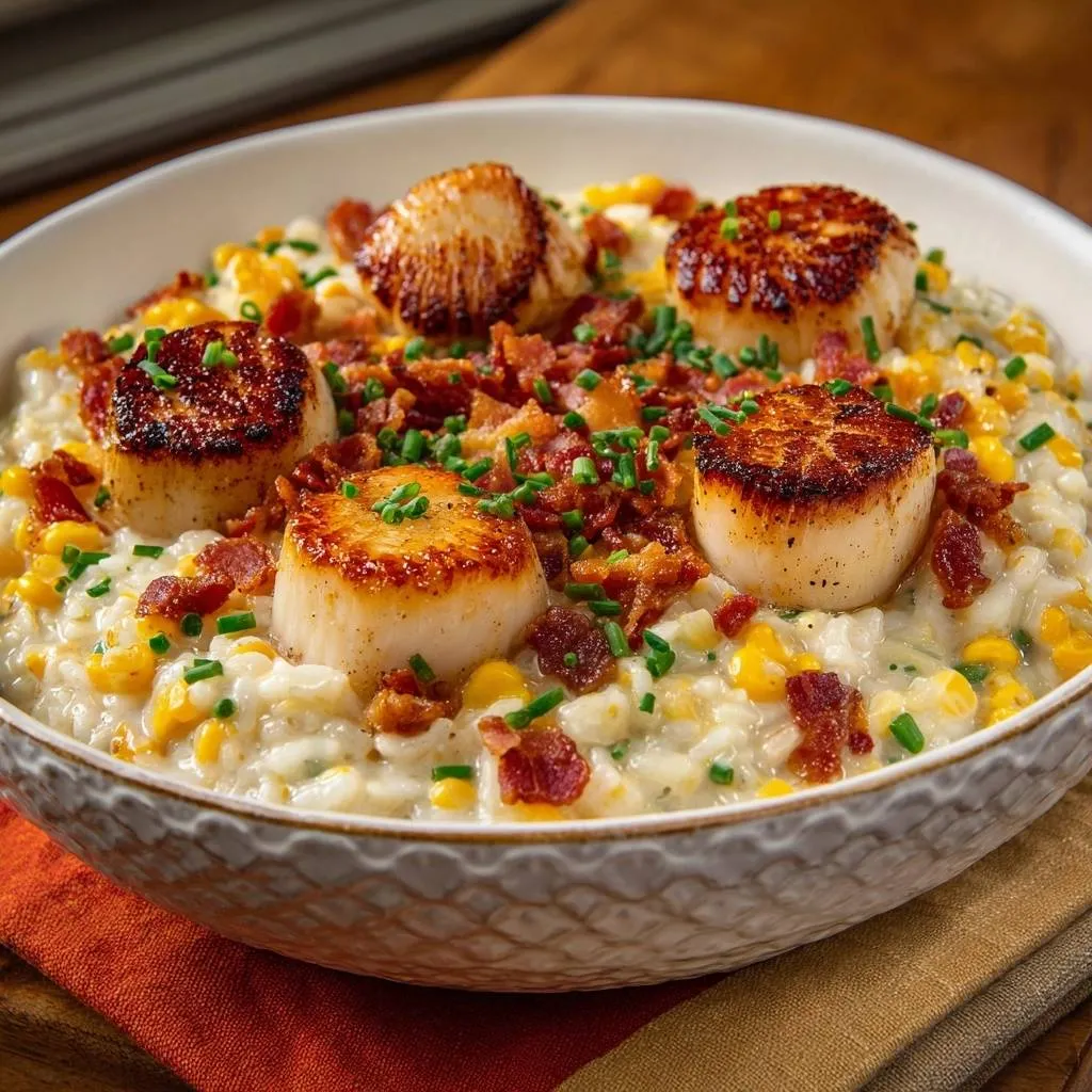 Seared scallops over creamy corn risotto, featuring a close-up view of the crispy bacon and fresh chive garnish.