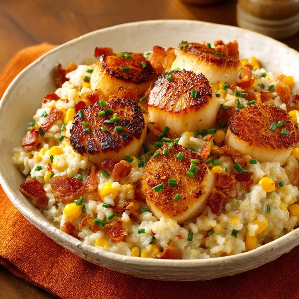 Seared scallops over creamy corn risotto, a close-up view in a white bowl garnished with chives and bacon.