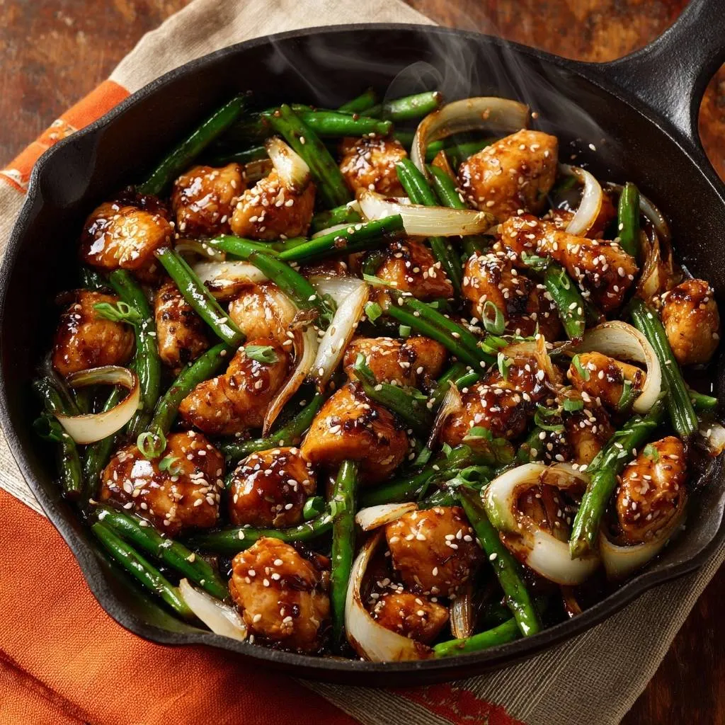 Sesame chicken and green beans stir-fry shown in a cast iron skillet with steam rising from the freshly cooked dish.