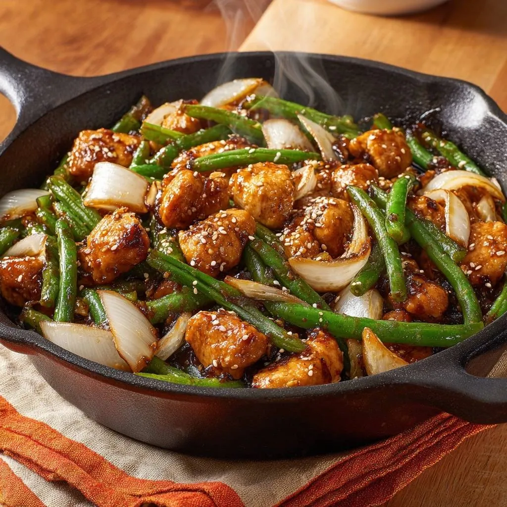 Sesame chicken and green beans in a steaming cast iron skillet, a close-up view of the savory stir-fry.