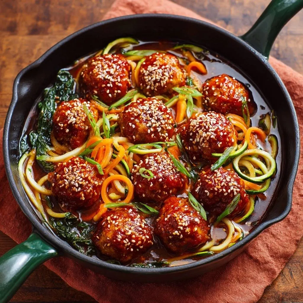 Sesame chicken meatballs with zucchini noodles served in a cast iron skillet, presented from an overhead view.