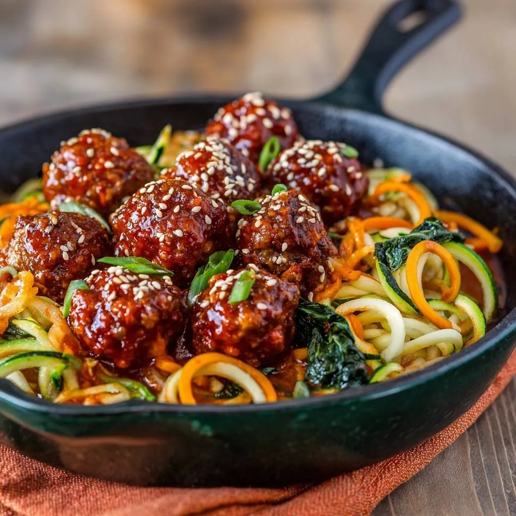 Sesame chicken meatballs with zucchini noodles served in a cast iron skillet, showcasing a close-up view of the glossy sauce and toppings.