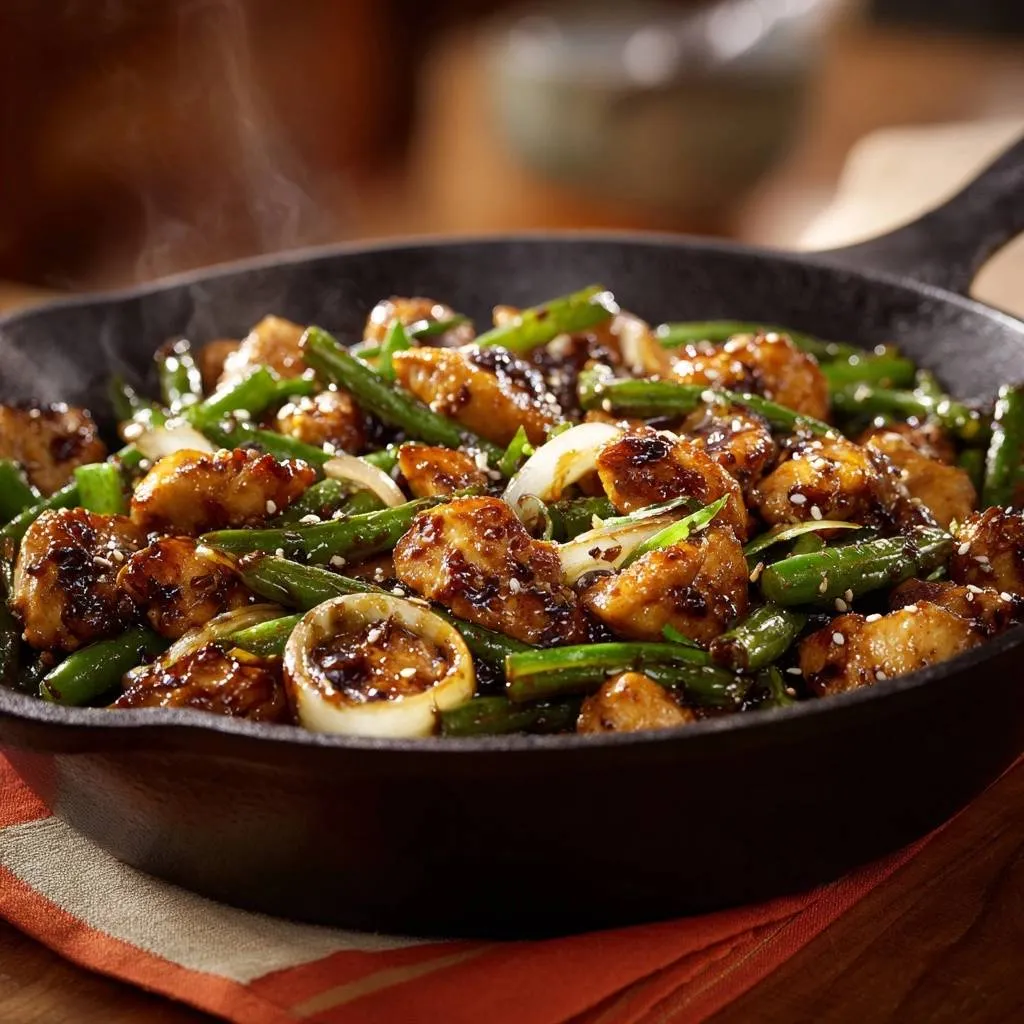 Sesame chicken stir-fry with green beans served steaming hot in a cast iron skillet.