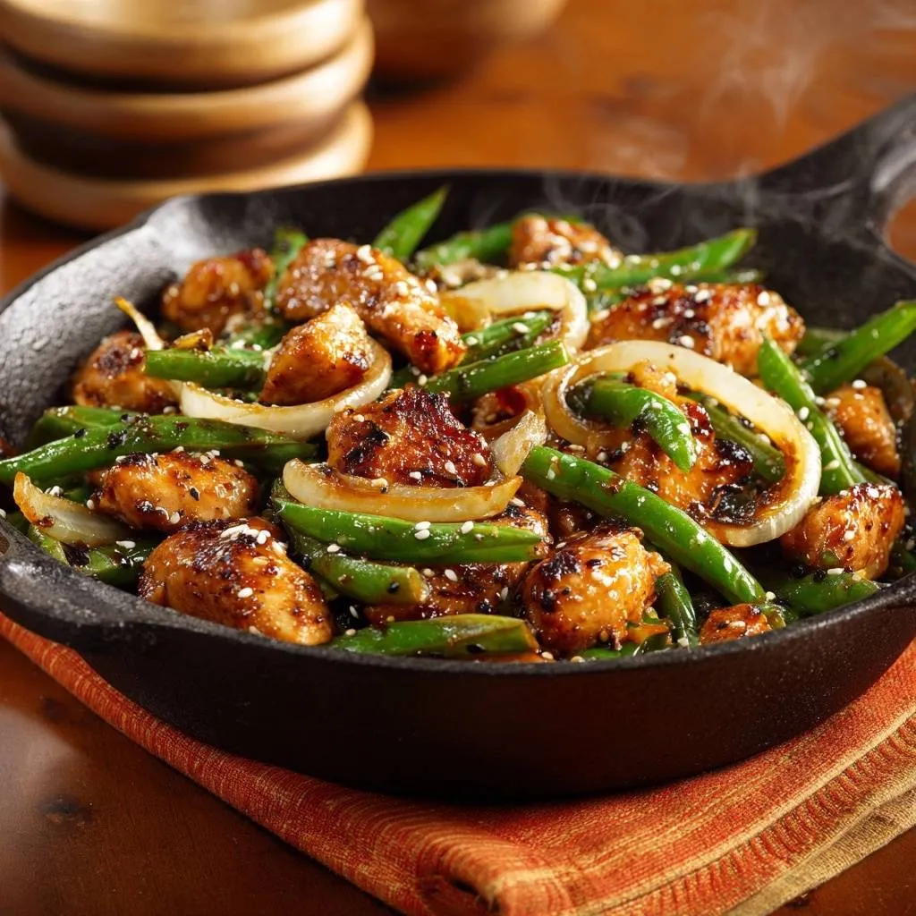 Sesame chicken stir-fry with green beans and onions in a cast iron skillet, with steam rising from the hot dish.