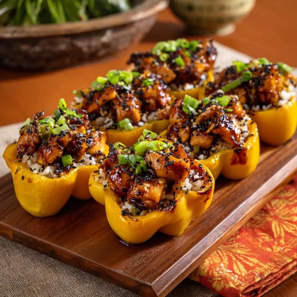 Sesame glazed salmon stuffed peppers shown in yellow bell peppers, topped with sesame seeds and green onions.