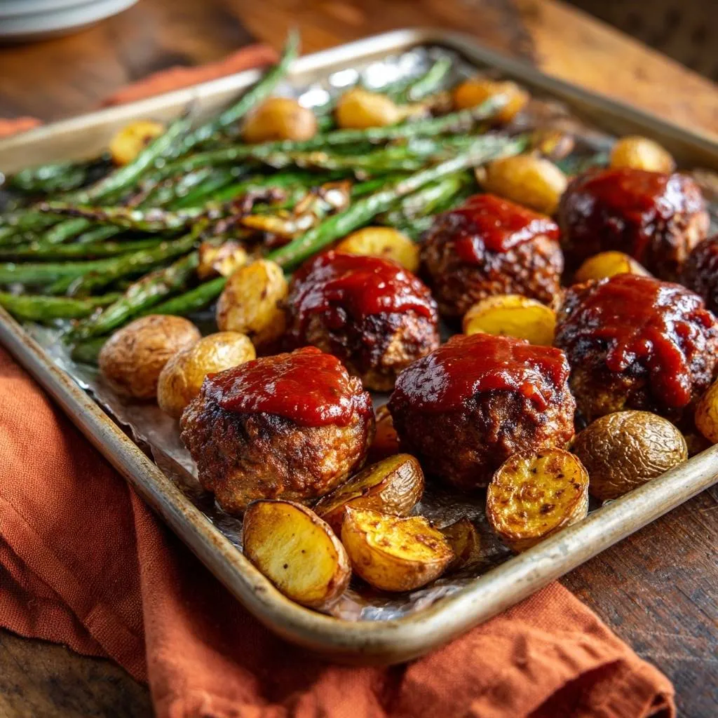 Sheet pan BBQ meatballs with potatoes and green beans shown in a close-up view with a glossy sauce topping.