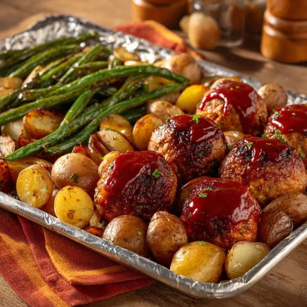 Sheet pan BBQ meatballs with potatoes and green beans, featuring a close-up view of the glistening BBQ glaze on the meatballs.