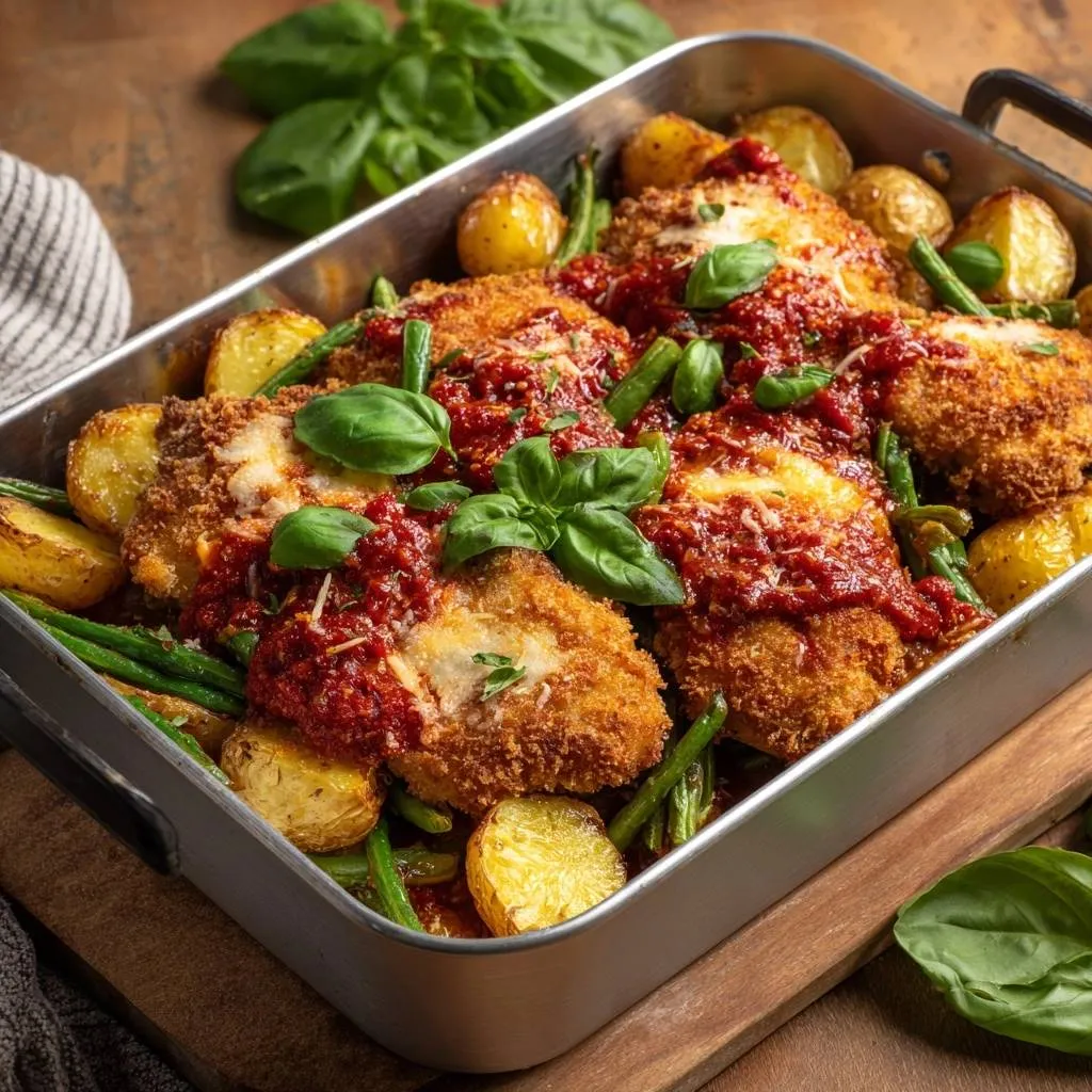 Sheet pan chicken Parmesan with potatoes and green beans shown from an overhead perspective in a metal baking dish.