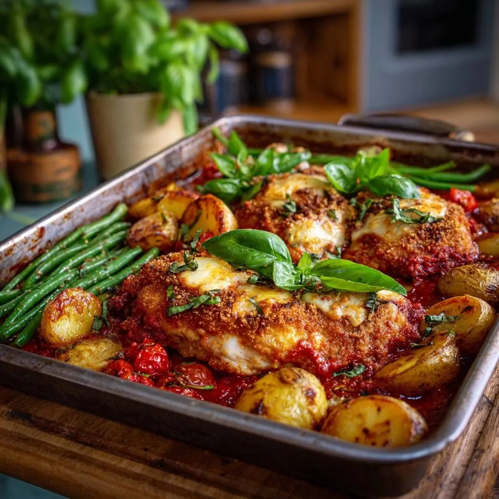Sheet pan chicken Parmesan with potatoes and green beans, a close-up view of the baked dish in a roasting pan, garnished with fresh basil.