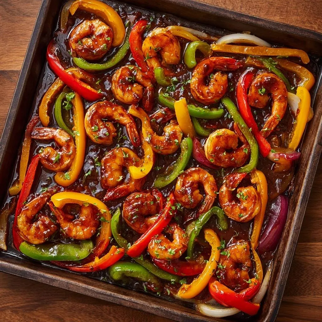 Sheet pan sticky shrimp and peppers presented in a full overhead view, showcasing the glossy glaze and vibrant colors.