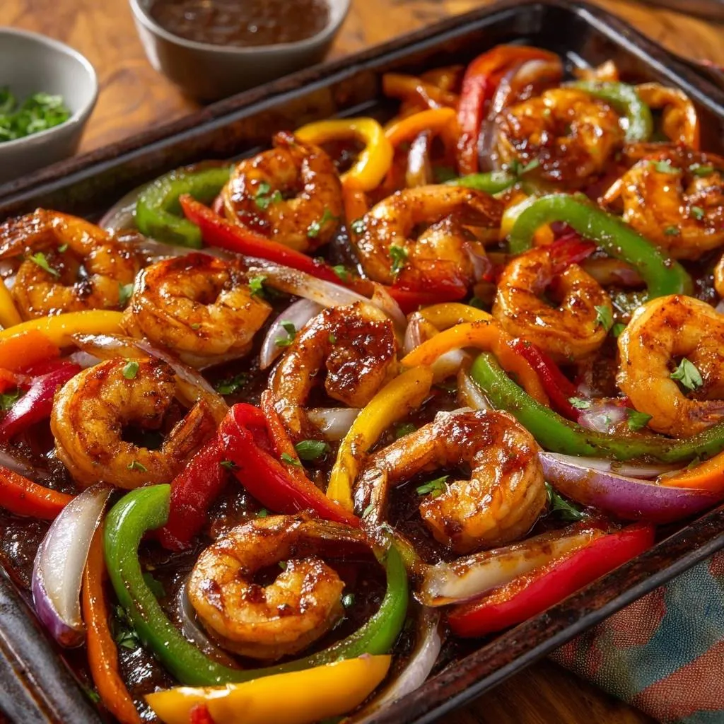 Sheet pan sticky shrimp and peppers featuring a colorful mix of bell peppers and onions, presented in an overhead view.
