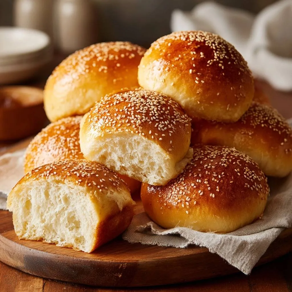 Shiny sesame dinner rolls shown with a close-up cross-section revealing their soft, fluffy interior texture.
