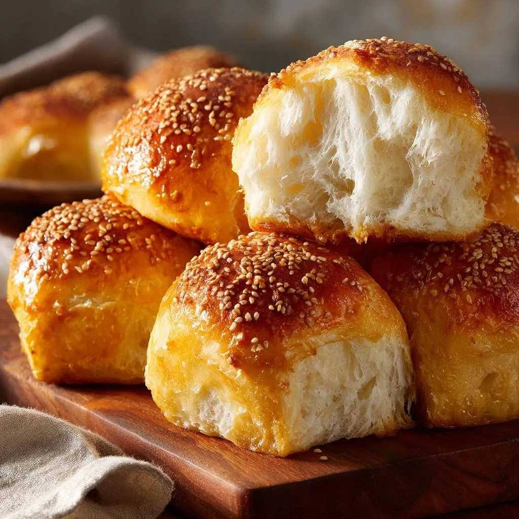 Shiny sesame dinner rolls shown in a close-up cross-section revealing their fluffy white interior.
