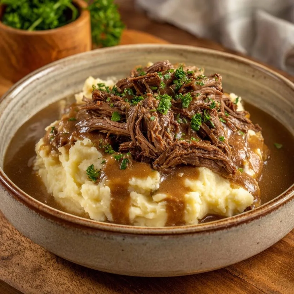 Shredded beef over creamy mashed potatoes served in a rustic bowl, topped with fresh parsley garnish.