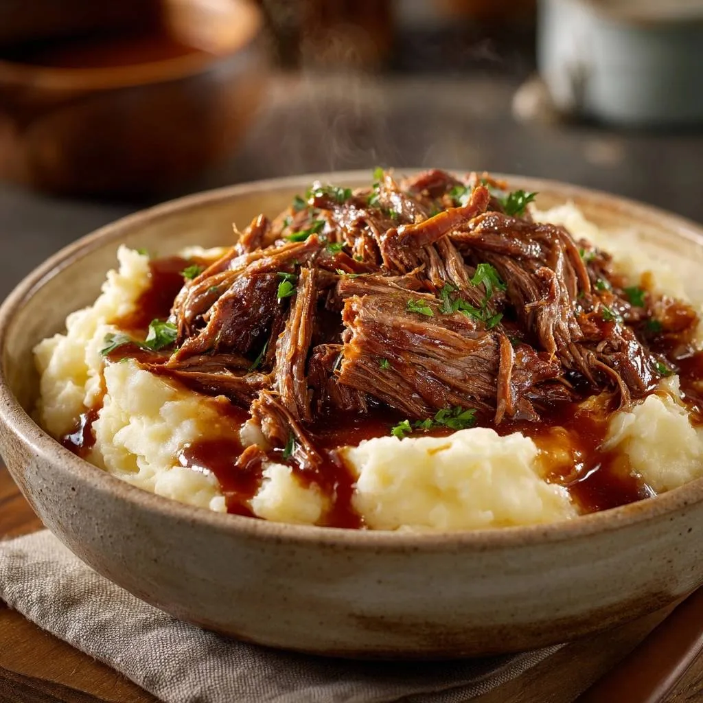 Shredded beef over creamy mashed potatoes, with steam rising and a rich gravy, presented in a rustic bowl.