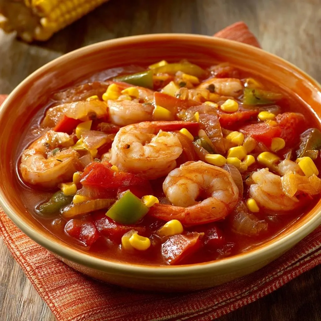Juicy Shrimp Creole with Corn and Peppers served in a close-up view of an orange bowl filled with the savory stew.