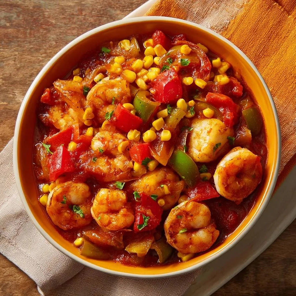 Juicy Shrimp Creole with Corn and Peppers served in a rustic orange bowl, presented from an overhead perspective.