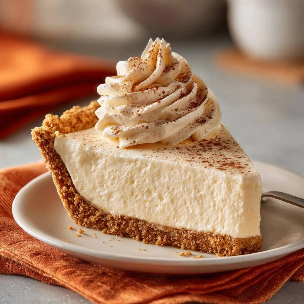 Silky cinnamon-topped cheesecake slice garnished with a swirl of whipped cream and a dusting of cinnamon.