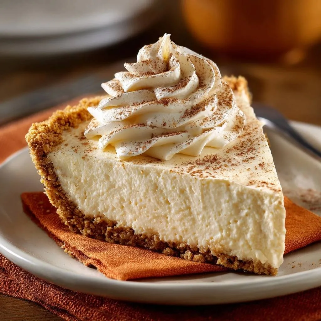 Silky cinnamon-topped cheesecake recipe, a single slice topped with whipped cream and a dusting of cinnamon.