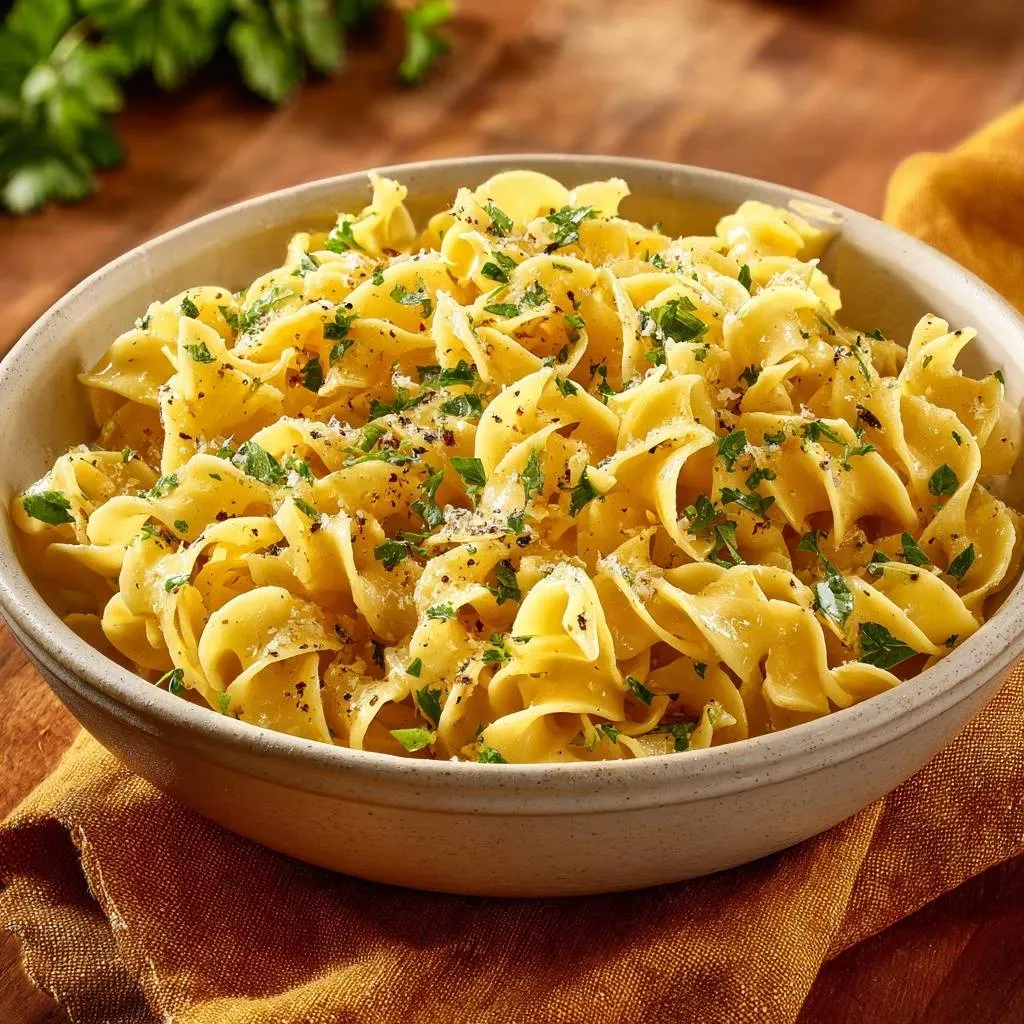 Silky parmesan pepper egg noodles in a bowl, generously garnished with fresh parsley and cracked black pepper.