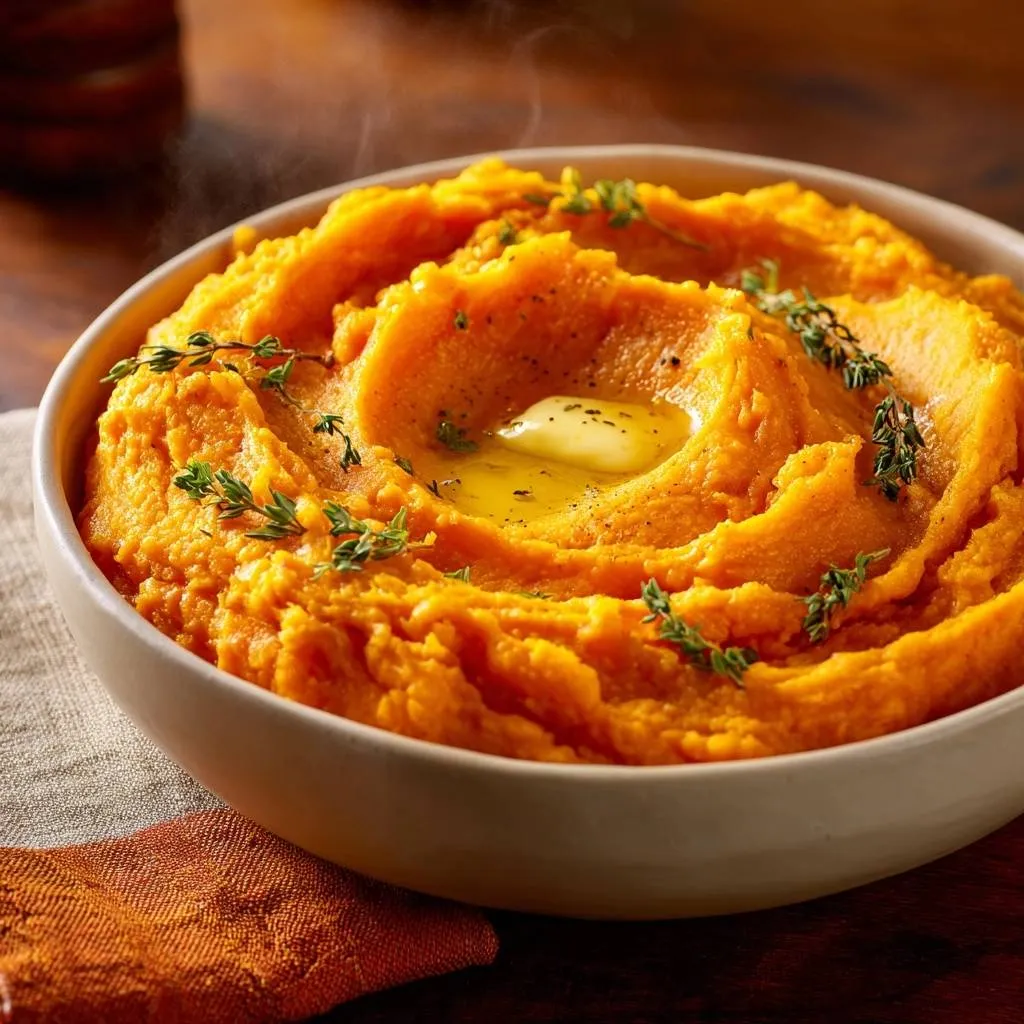 Silky thyme butter sweet potato mash with melted butter and fresh thyme garnish in a bowl.