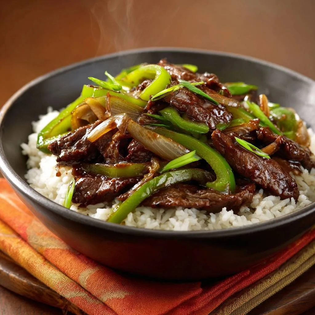 Sizzling beef and pepper stir-fry steaming in a dark bowl served over white rice, showcasing a close-up view.