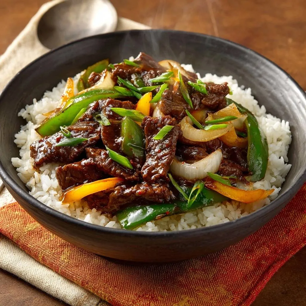 Sizzling beef and pepper stir-fry served steaming in a black bowl over white rice, garnished with green onions.