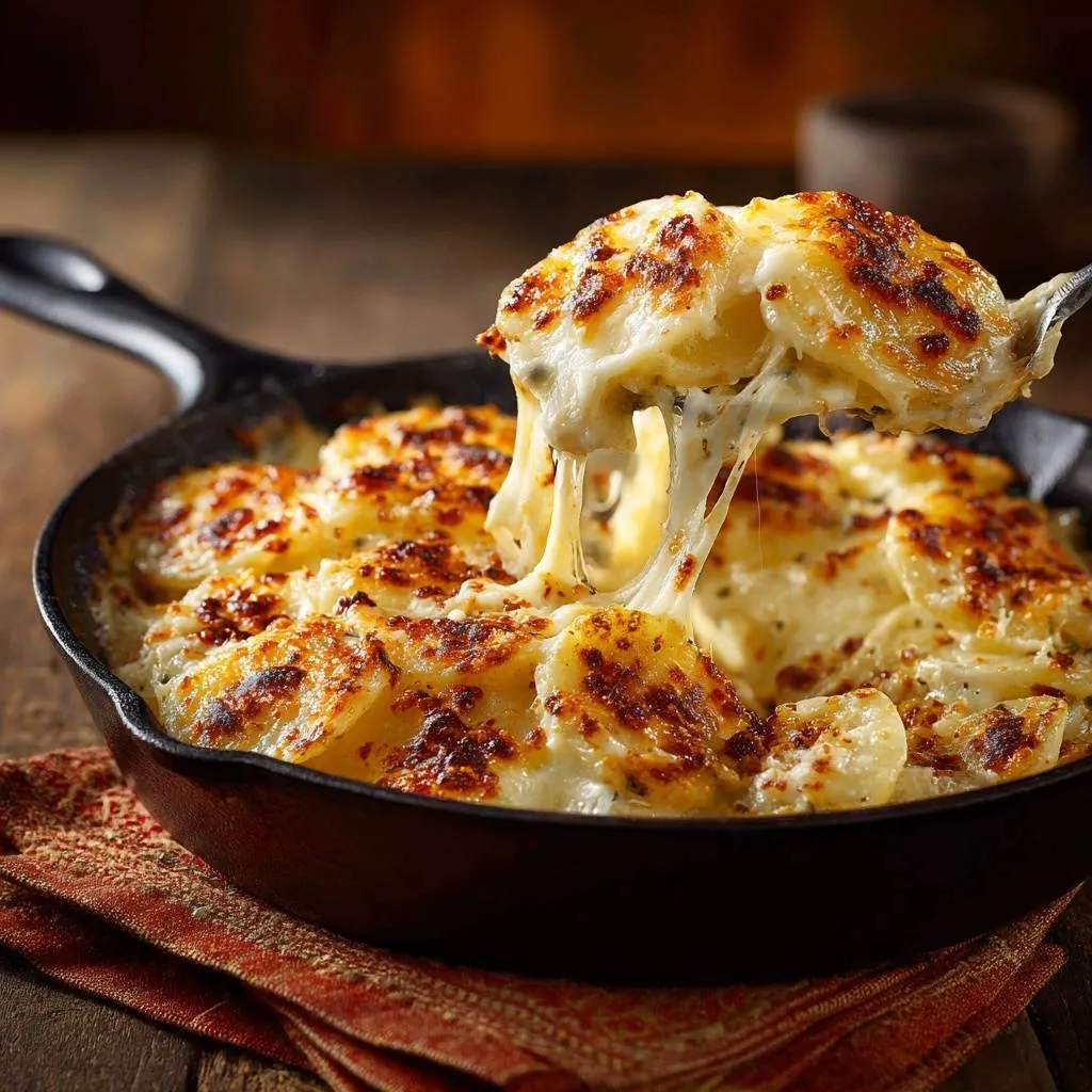 Skillet au gratin potatoes with a cheesy pull shown on a serving spoon from the cast iron pan.