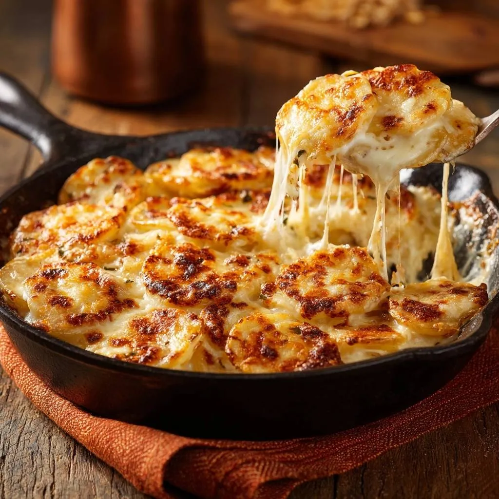 Skillet au gratin potatoes with a spoonful lifting out, showing a delicious cheesy pull.