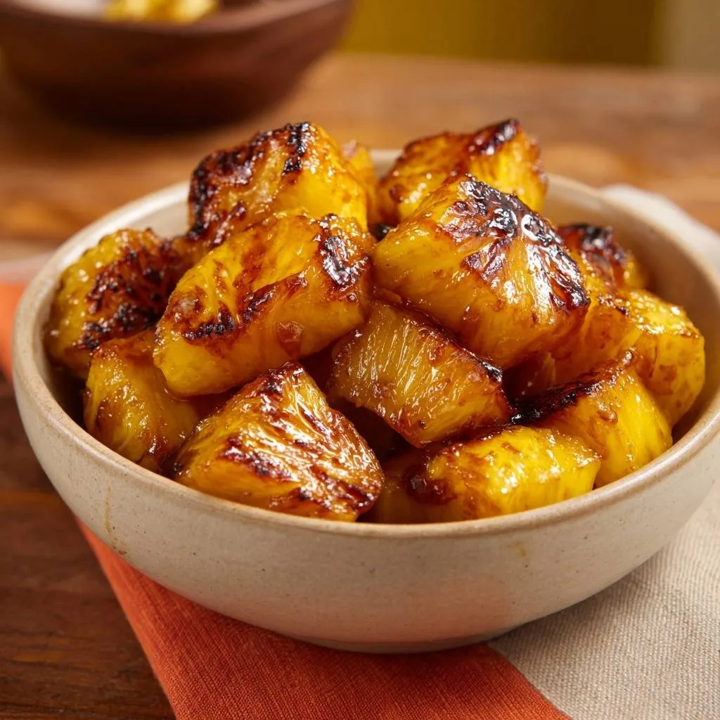 Skillet caramelized pineapple with crispy edges shown in a close-up bowl view, highlighting its glossy texture.
